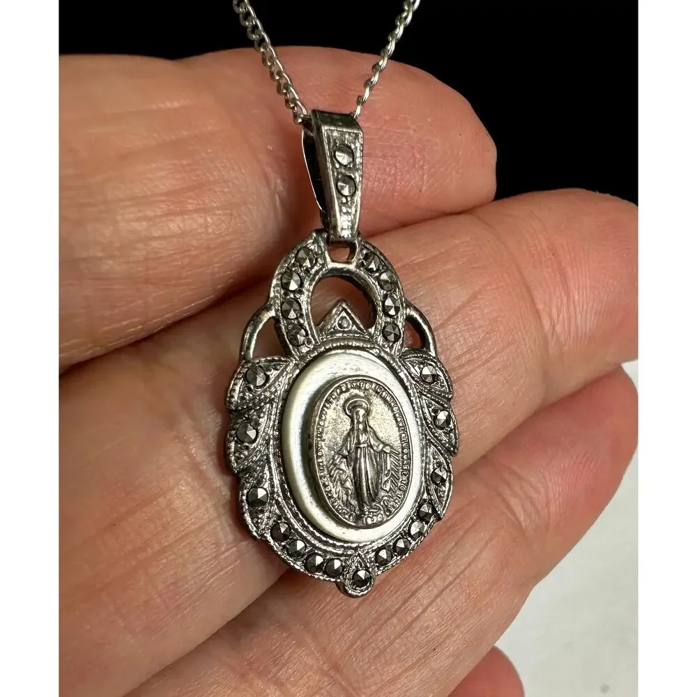 Vintage Marvel Sterling Silver Miraculous Medal Necklace Marcasite Pendant 16